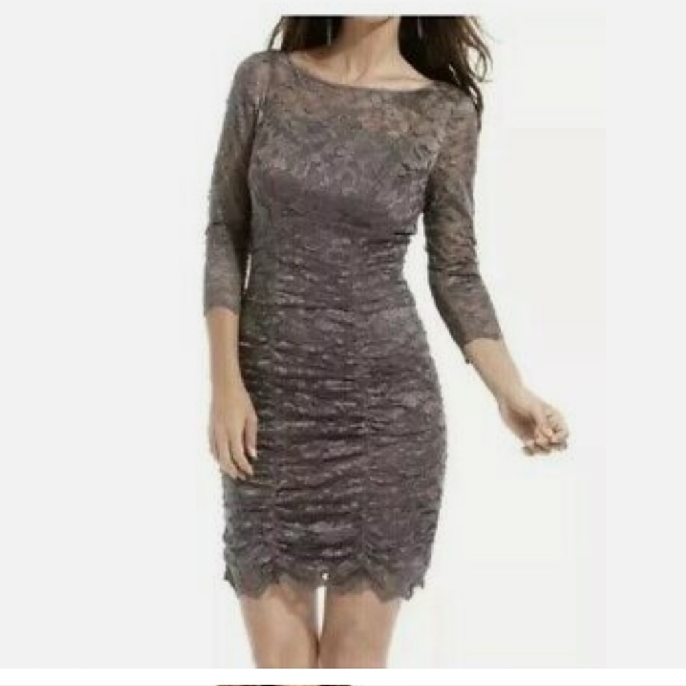 Eliza J Royal Collection Gray Ruched Lace 3/4 Sleeve Bodycon Dress Size 8